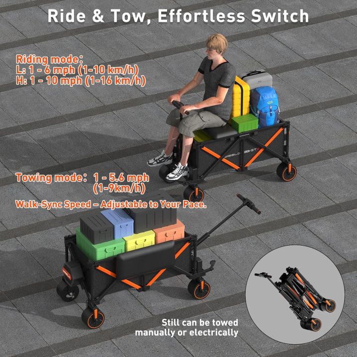 WISELD GT3 Electric Wagon Cart Foldable with Seat- Dual Mode Riding & Towing